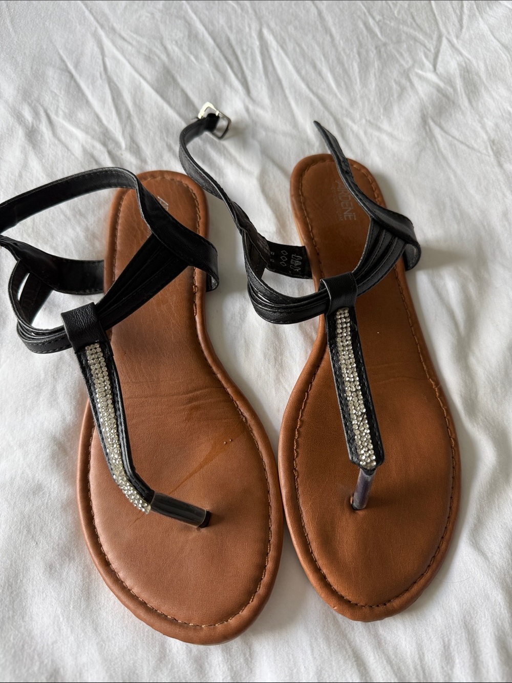2/$7- Ardene Black T-Strap Sandals with Rhinestone Accent